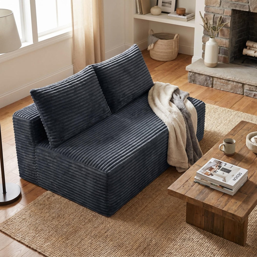 Camel Corduroy Ground-Hugging Compressed Loveseat, Armless No-Legs 2-Seater Sofa for Living Room Small Apartment