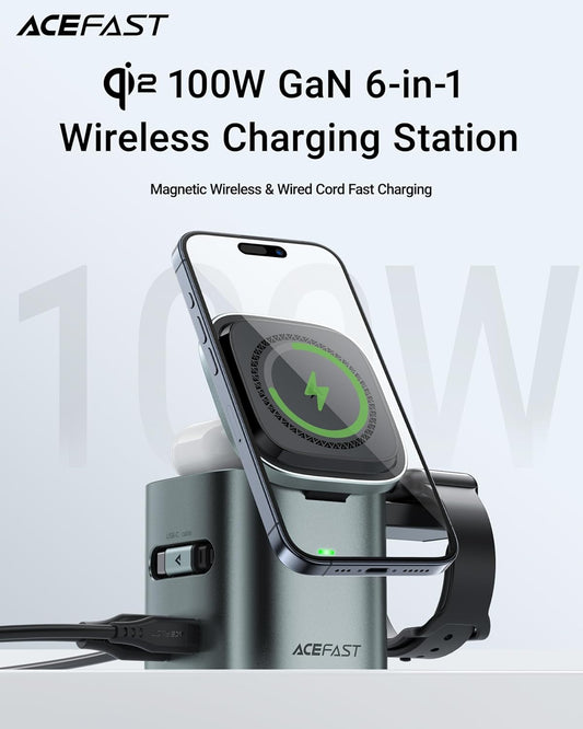 6-in-1 100W GaN Charging Station with Qi2 Magnetic Wireless Charger