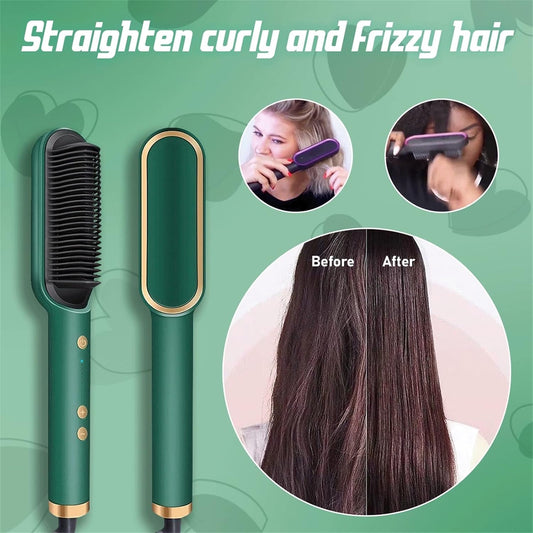 2-in-1 Ionic Heated Hair Straightener Curler Brush Portable Travel, Green