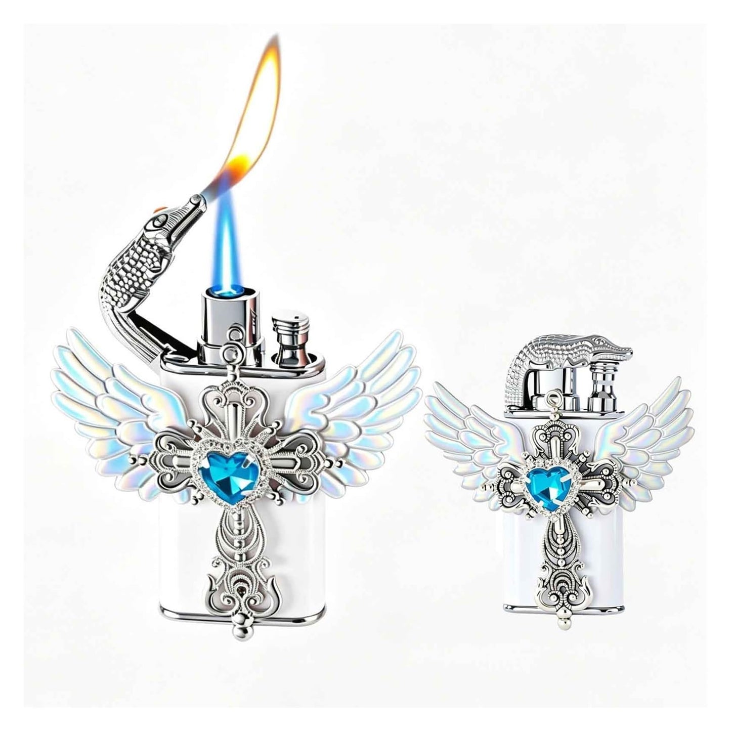 Embossed Metal Double Flame Windproof Butane Lighter for Men, White