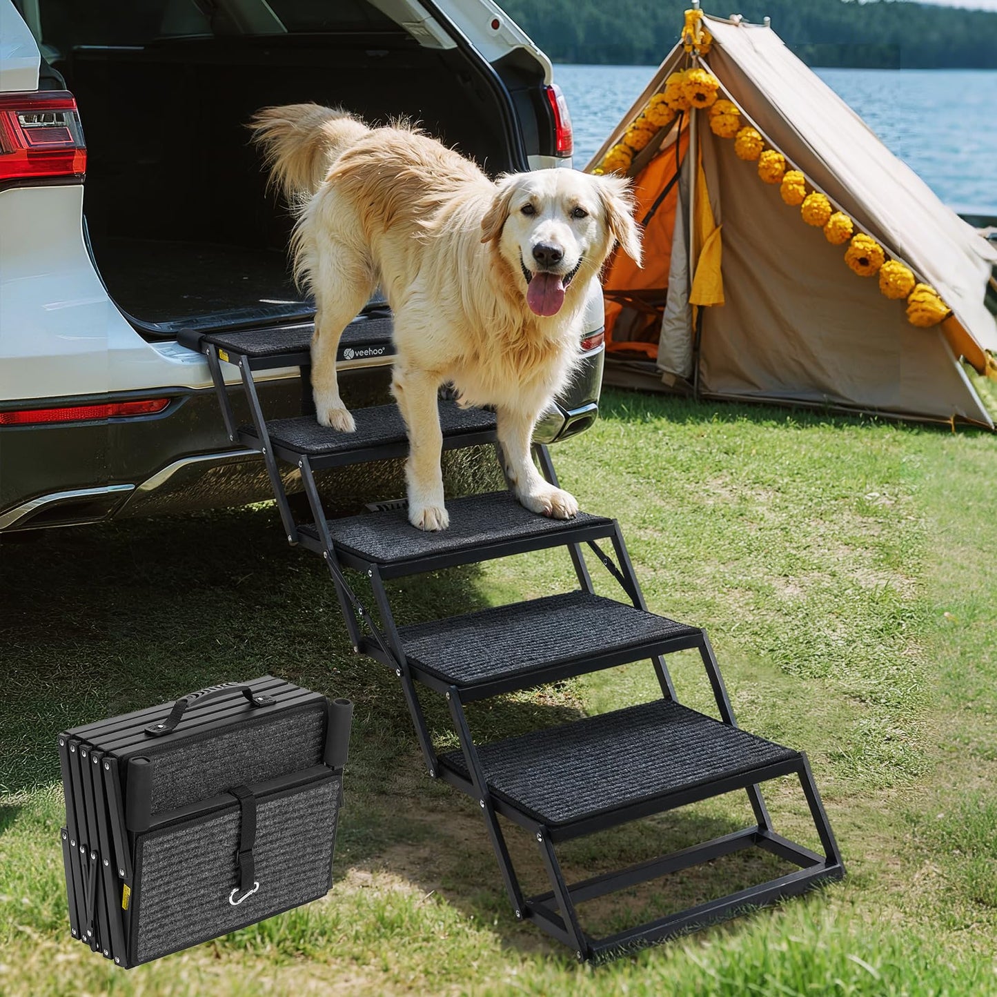 Foldable Dog Steps for Car & Truck, Heavy-Duty 4-Step Pet Stairs