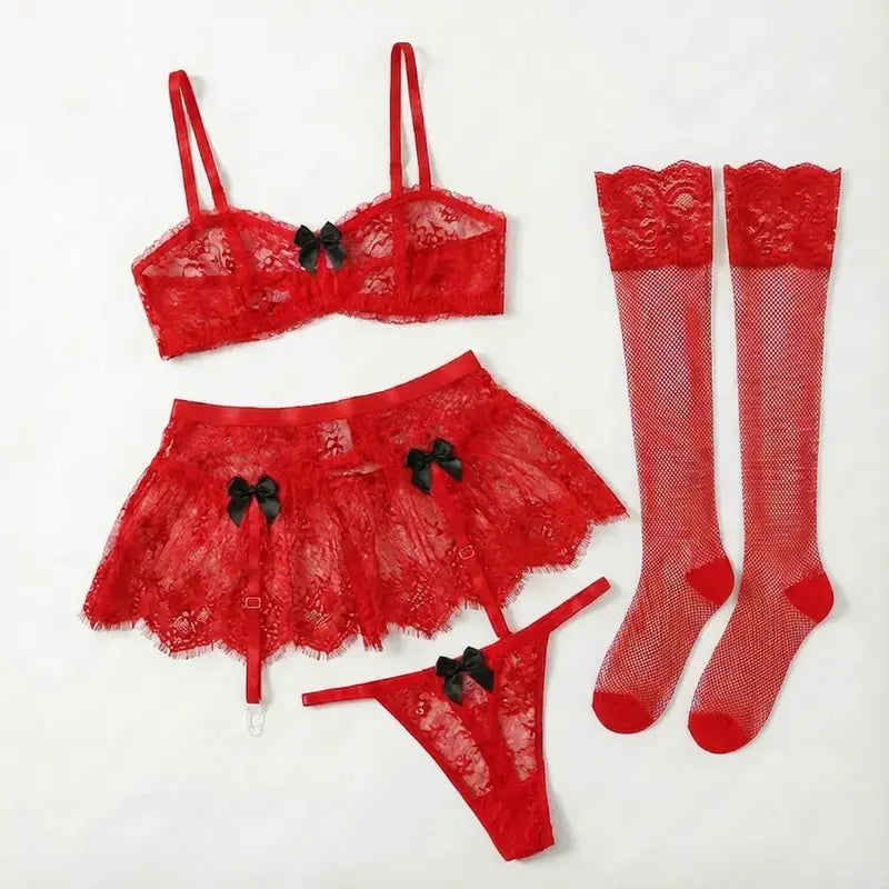 Women's 5-Piece Romantic Lace Lingerie Set with Mini Skirt & Stockings