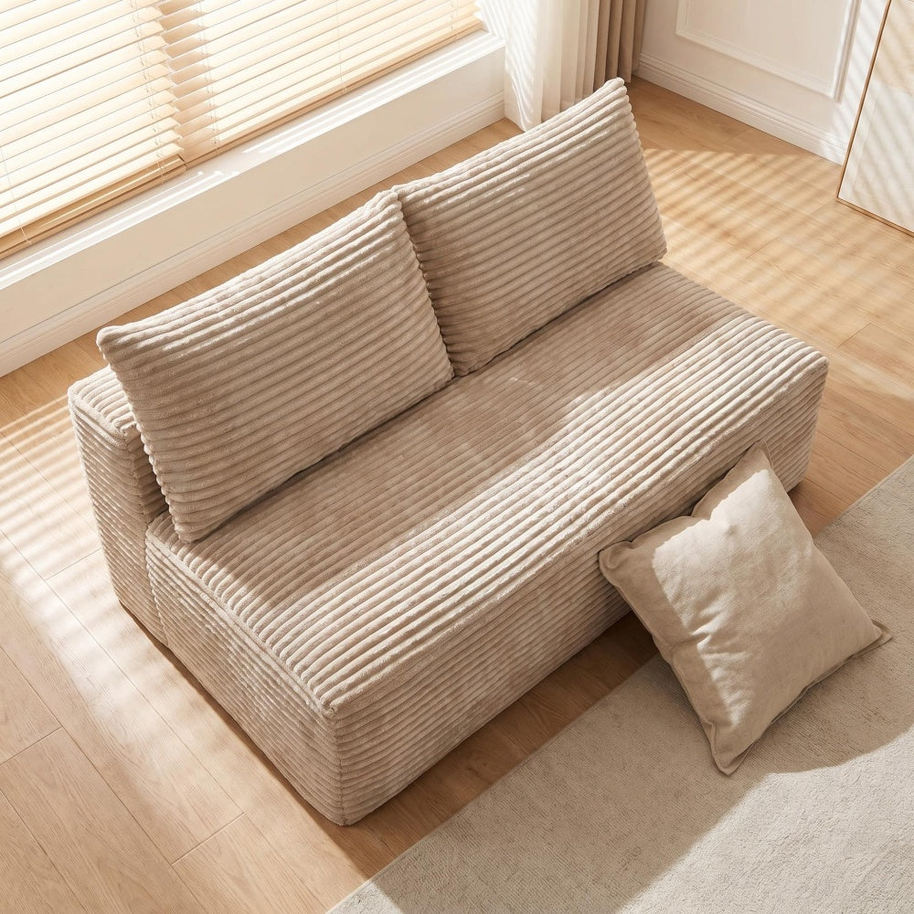 Camel Corduroy Ground-Hugging Compressed Loveseat, Armless No-Legs 2-Seater Sofa for Living Room Small Apartment