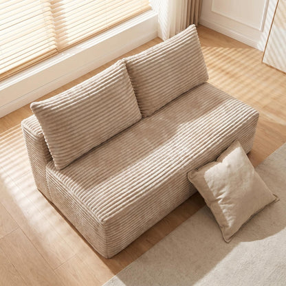 Camel Corduroy Ground-Hugging Compressed Loveseat, Armless No-Legs 2-Seater Sofa for Living Room Small Apartment