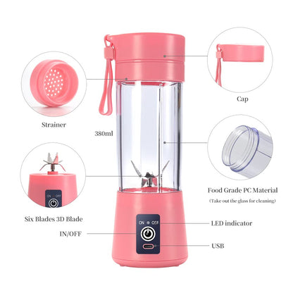 Portable USB Electric Mini Blender, 380ml Travel Juicer Cup with 6 Blades for Shakes, Smoothies, Gym, Outdoor & Office