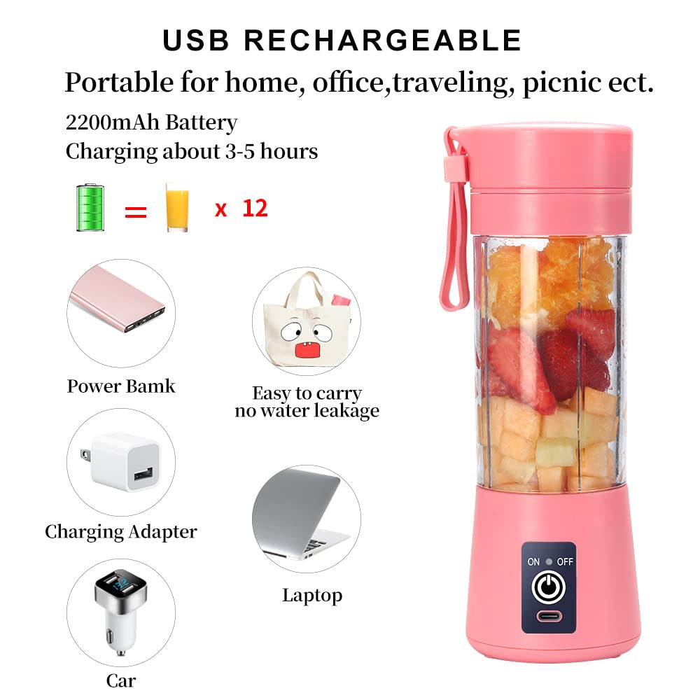 Portable USB Electric Mini Blender, 380ml Travel Juicer Cup with 6 Blades for Shakes, Smoothies, Gym, Outdoor & Office