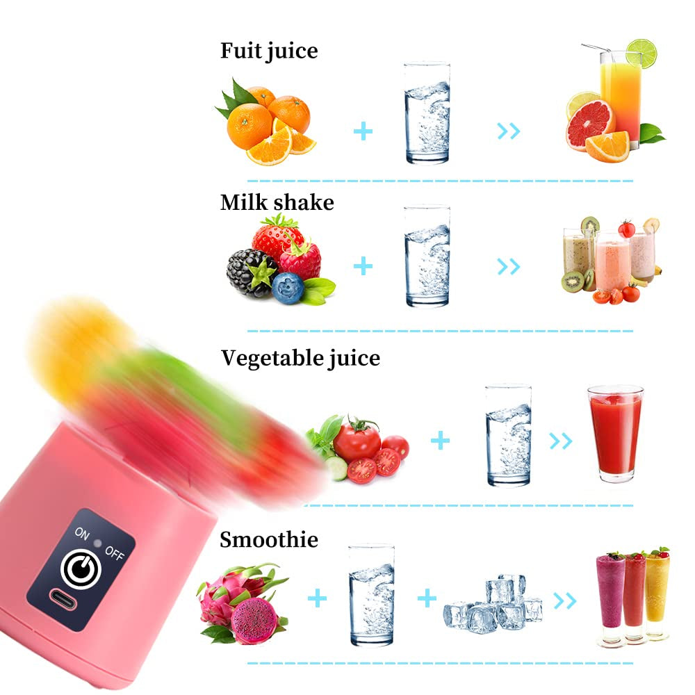 Portable USB Electric Mini Blender, 380ml Travel Juicer Cup with 6 Blades for Shakes, Smoothies, Gym, Outdoor & Office