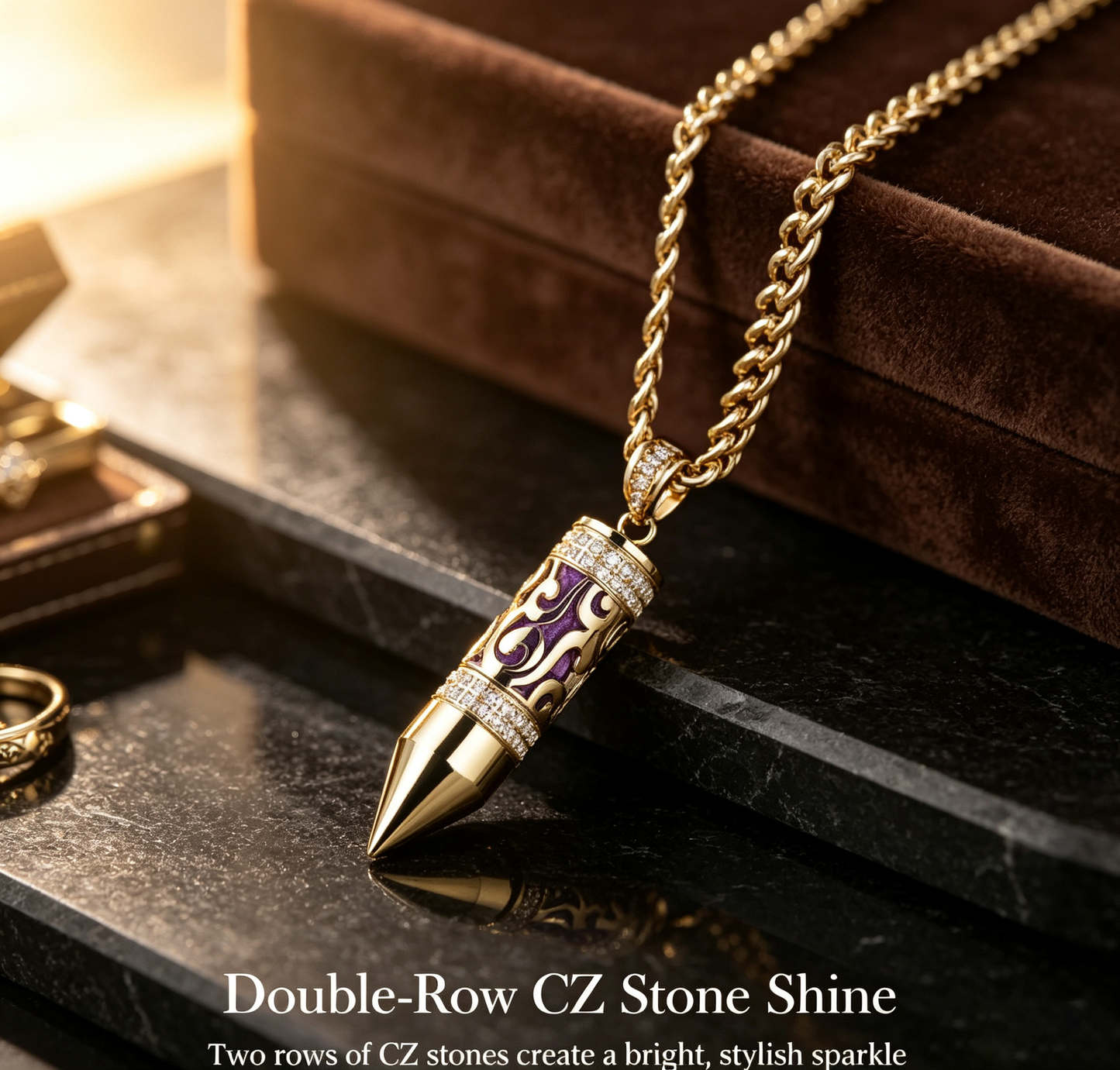 Gold Plated Bullet Aroma Necklace, CZ Pendant Jewelry