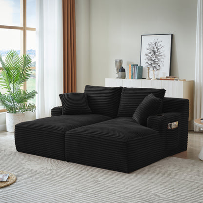 Compressible double chaise lounge with cupholders - No Assembly Required, Fluffy Modern Sleeper Loveseat for Indoor Living Room Bedroom Reading