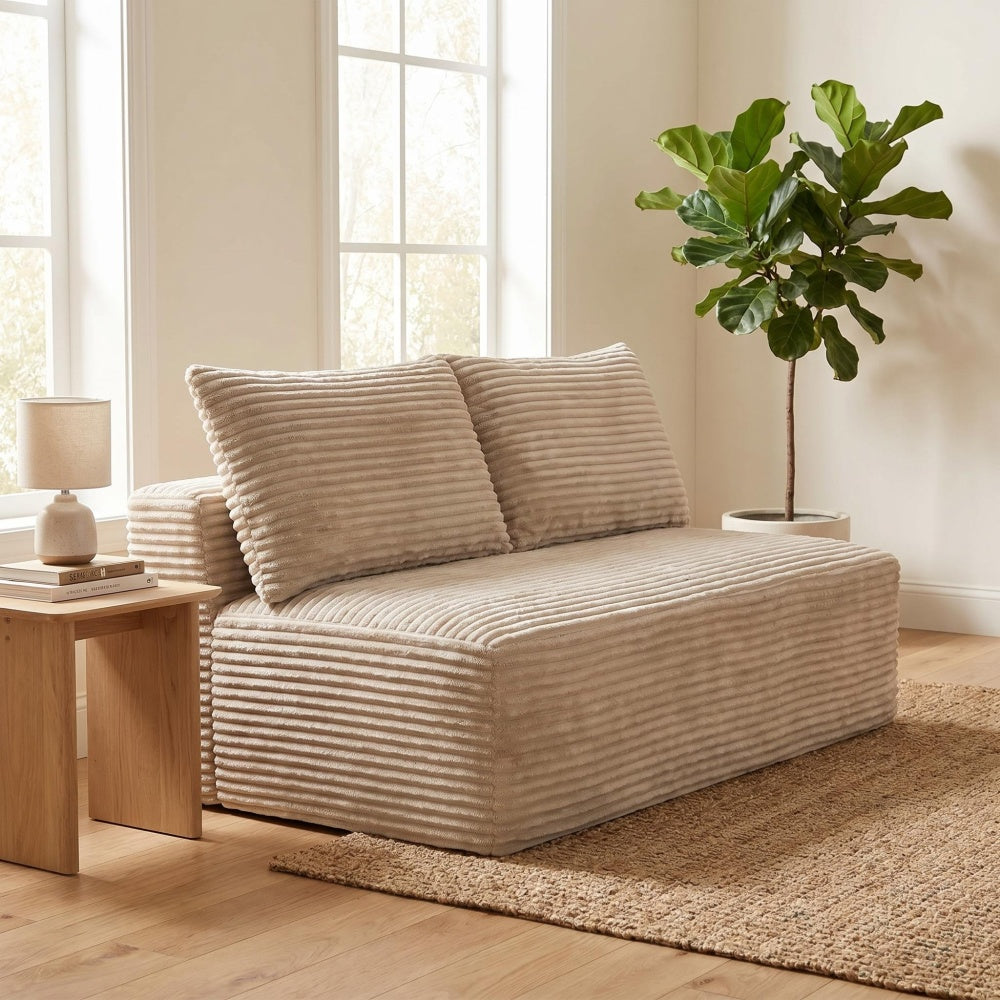Camel Corduroy Ground-Hugging Compressed Loveseat, Armless No-Legs 2-Seater Sofa for Living Room Small Apartment