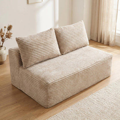 Camel Corduroy Ground-Hugging Compressed Loveseat, Armless No-Legs 2-Seater Sofa for Living Room Small Apartment