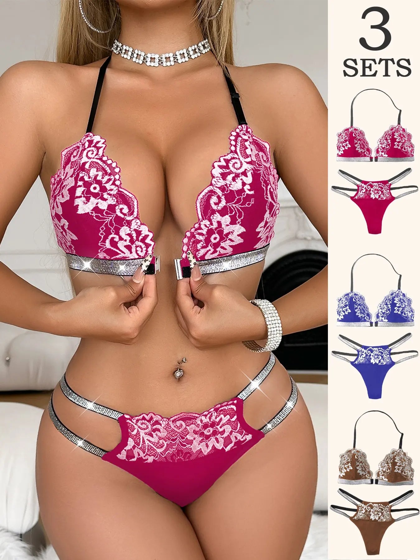 Women's Lace Halter Bralette & Low-Rise Thong Lingerie Set