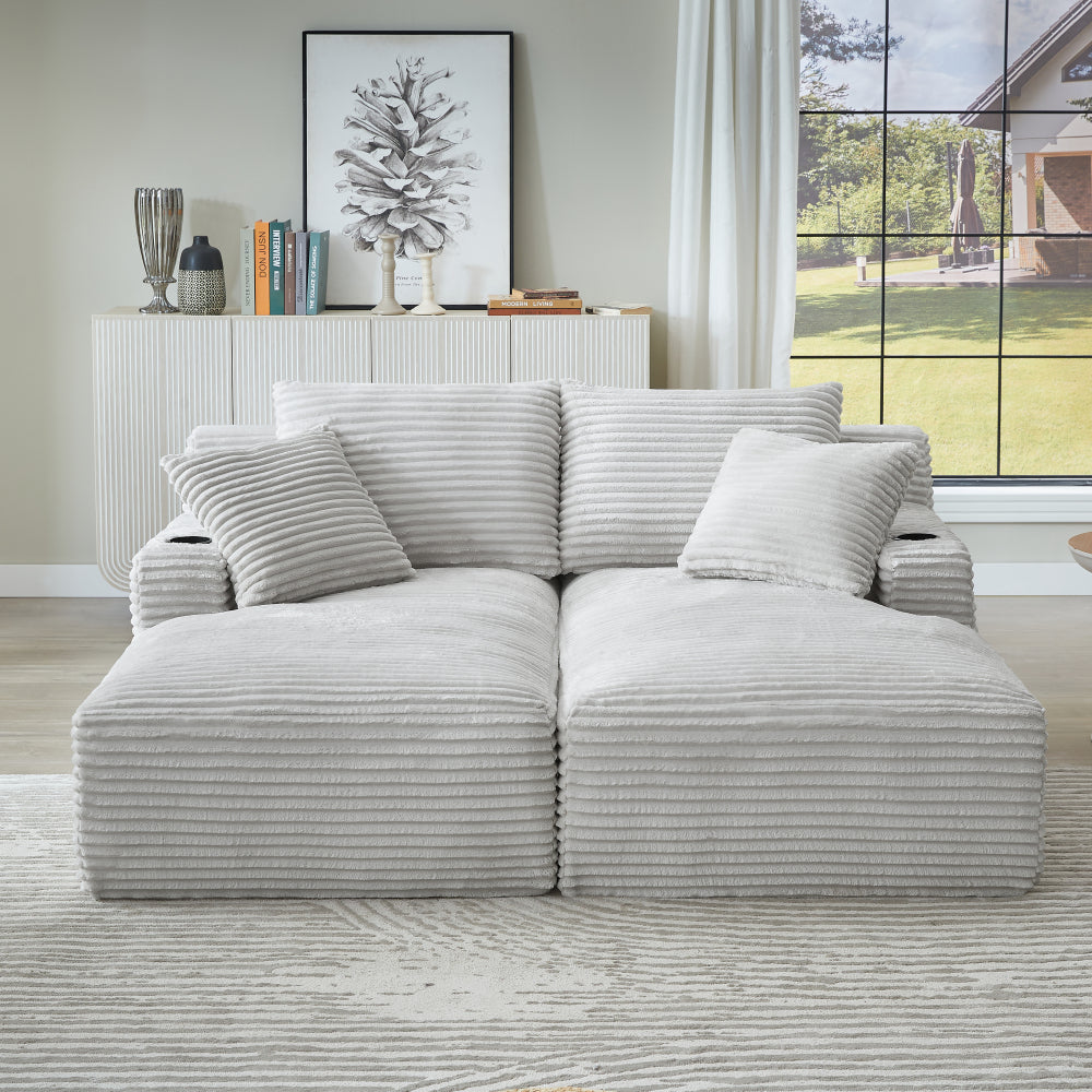 Compressible double chaise lounge with cupholders - No Assembly Required, Fluffy Modern Sleeper Loveseat for Indoor Living Room Bedroom Reading