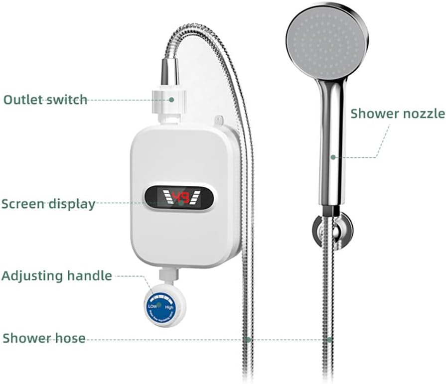 Electric Tankless Shower Head, Instant Water Heater, Temp Adjustable