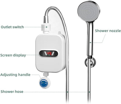 Electric Tankless Shower Head, Instant Water Heater, Temp Adjustable