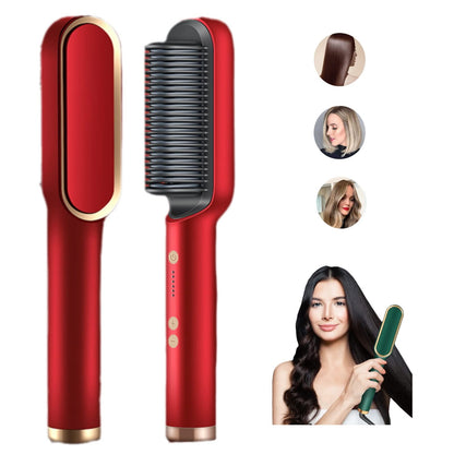 2-in-1 Ionic Heated Hair Straightener Curler Brush Portable Travel, Green