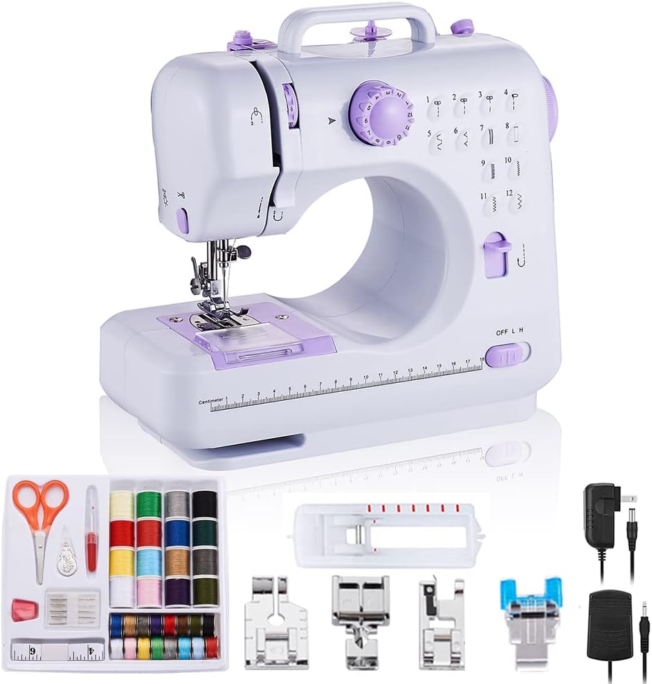 Rxmeili Portable 12-Stitch Sewing Machine, 42-Pc Sewing Kit for Beginners | Pink Mini Sewing Machine, 12 Stitches, 2 Speeds, Foot Pedal, Battery or Plug-In Power, Sewing Light and Storage Drawer
