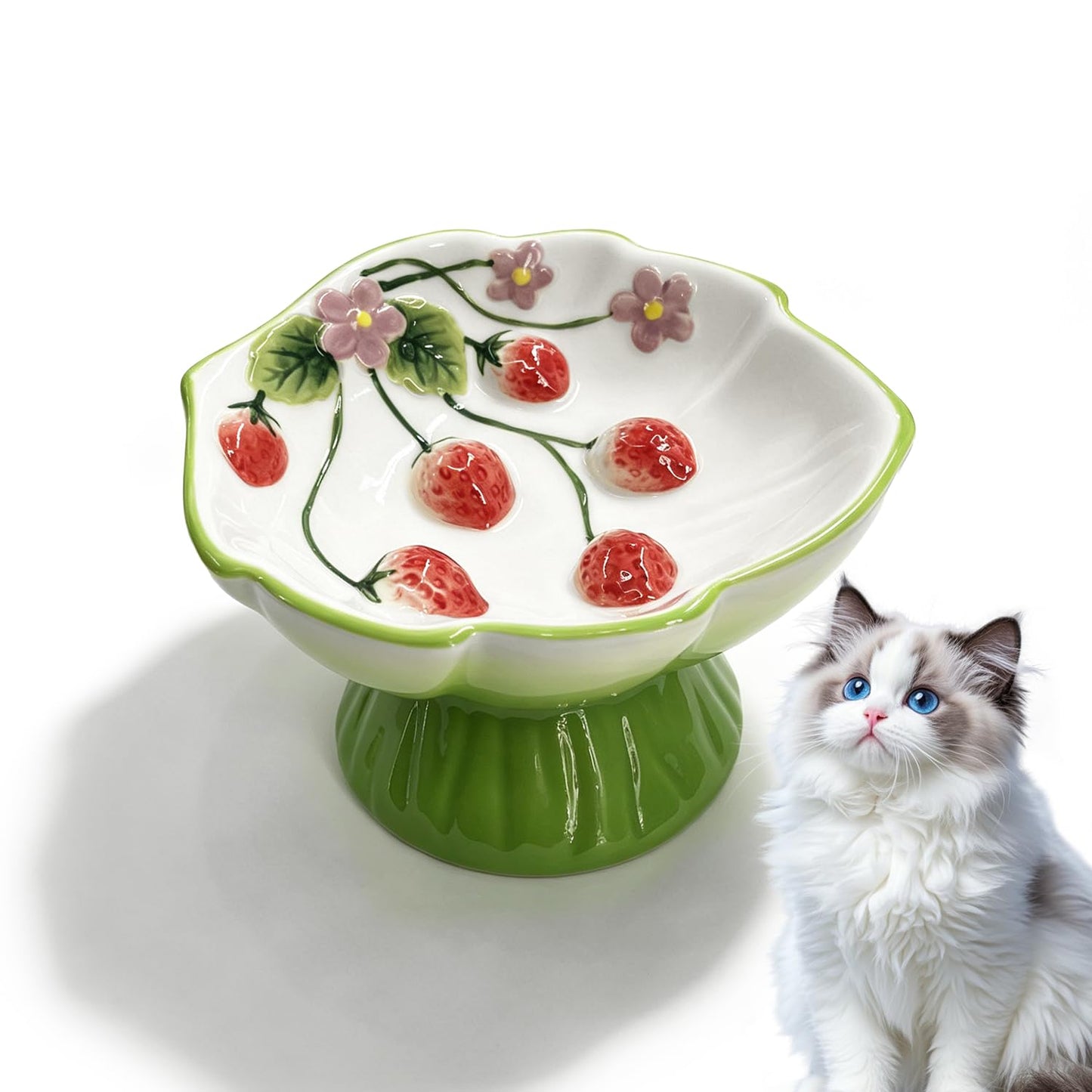 Ceramic Strawberry Raised Cat Bowl for Anti-Vomit & Whisker Relief