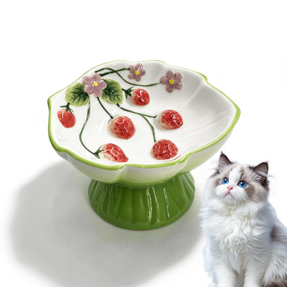 Ceramic Strawberry Raised Cat Bowl for Anti-Vomit & Whisker Relief