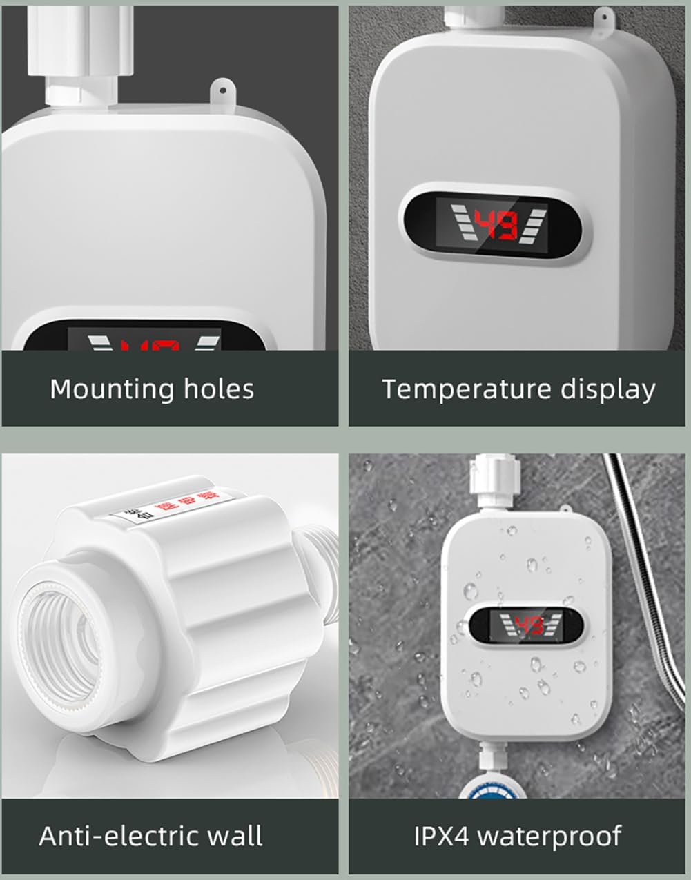 Electric Tankless Shower Head, Instant Water Heater, Temp Adjustable