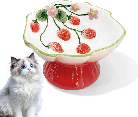 Ceramic Strawberry Raised Cat Bowl for Anti-Vomit & Whisker Relief