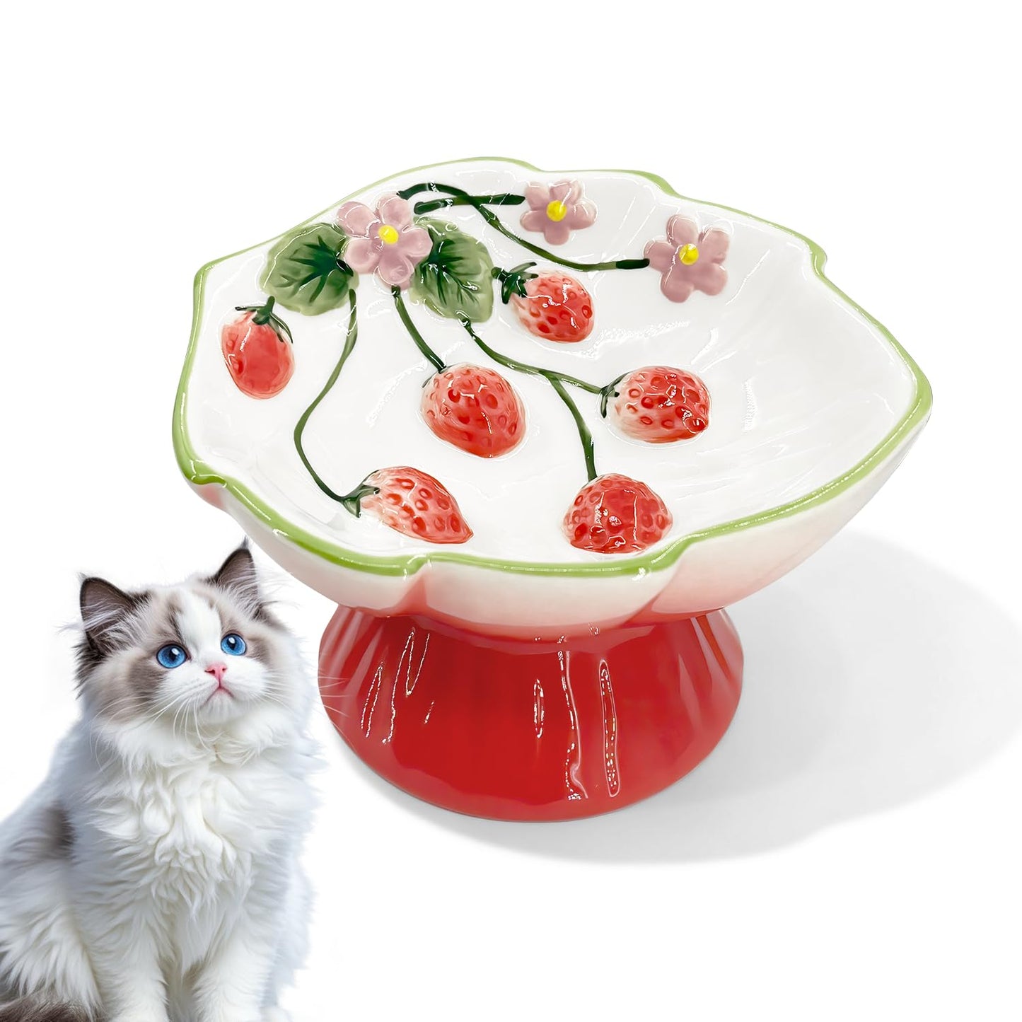 Ceramic Strawberry Raised Cat Bowl for Anti-Vomit & Whisker Relief