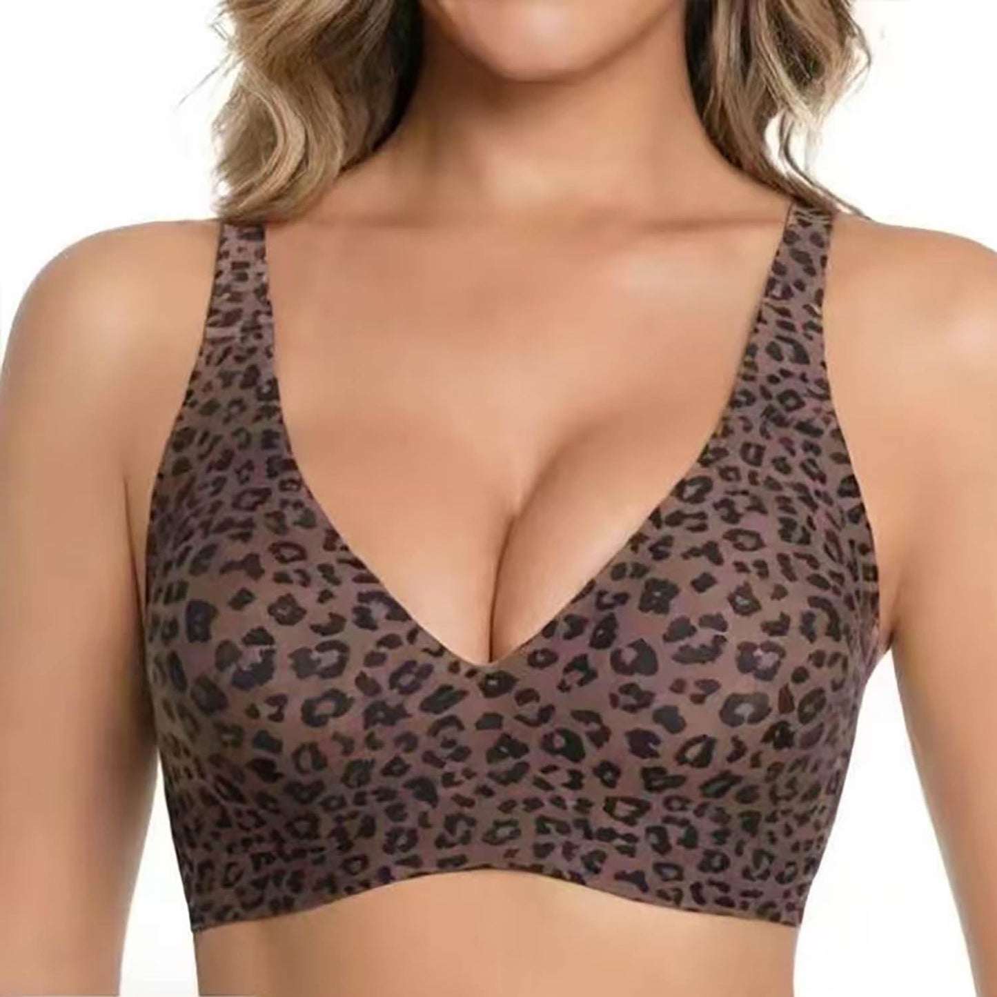Women's Seamless Leopard Print Push-Up Bra Wireless Deep V Support