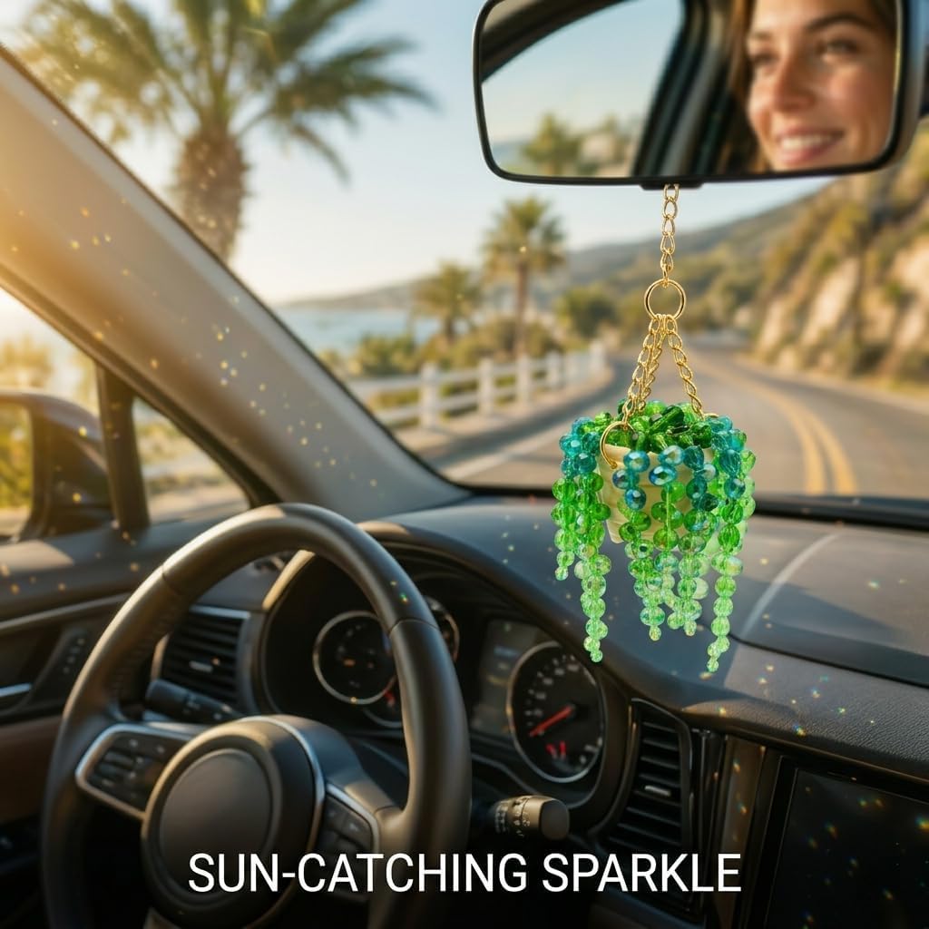 Boho Beaded Sun Catcher Car Charm, Crystal Pearl Mirror Hanger