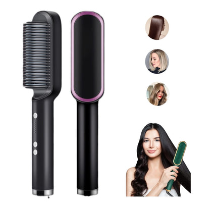2-in-1 Ionic Heated Hair Straightener Curler Brush Portable Travel, Green