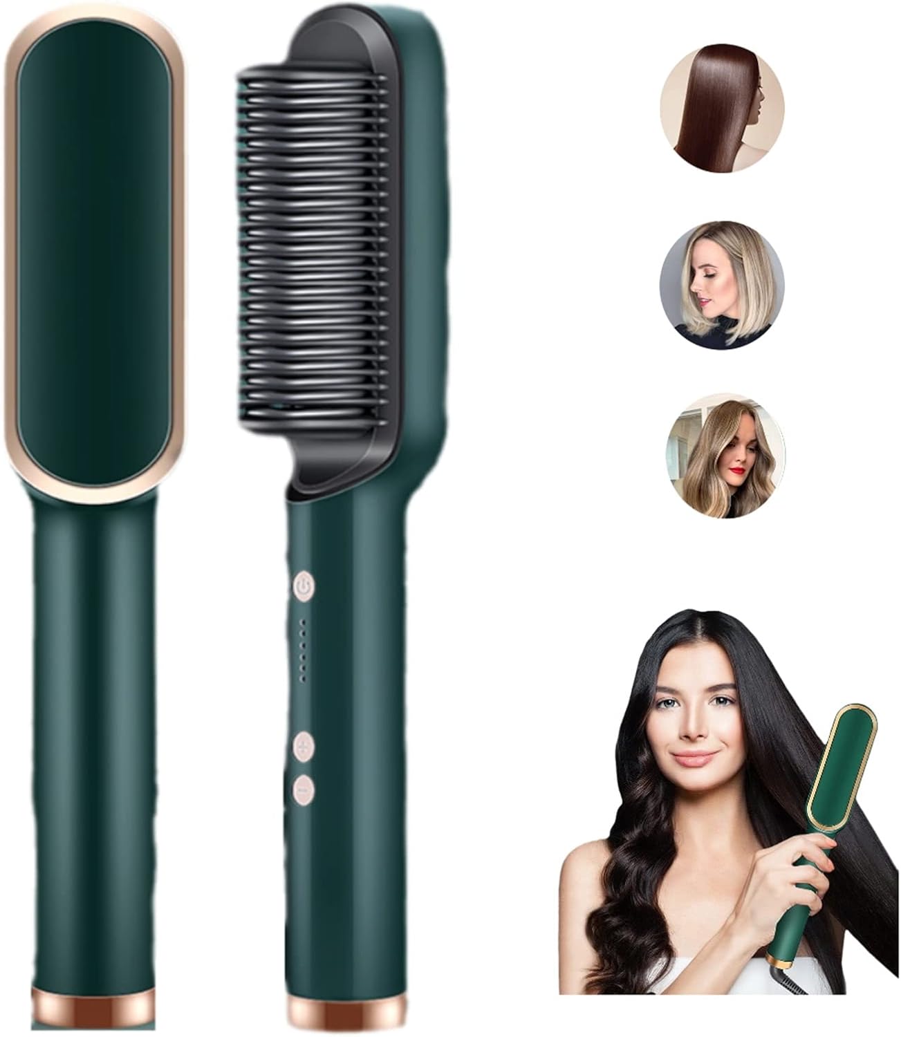 2-in-1 Ionic Heated Hair Straightener Curler Brush Portable Travel, Green