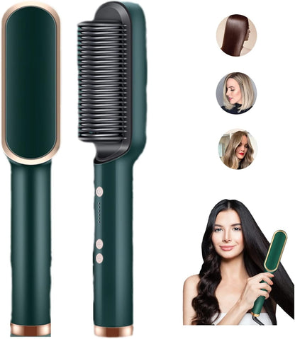 2-in-1 Ionic Heated Hair Straightener Curler Brush Portable Travel, Green