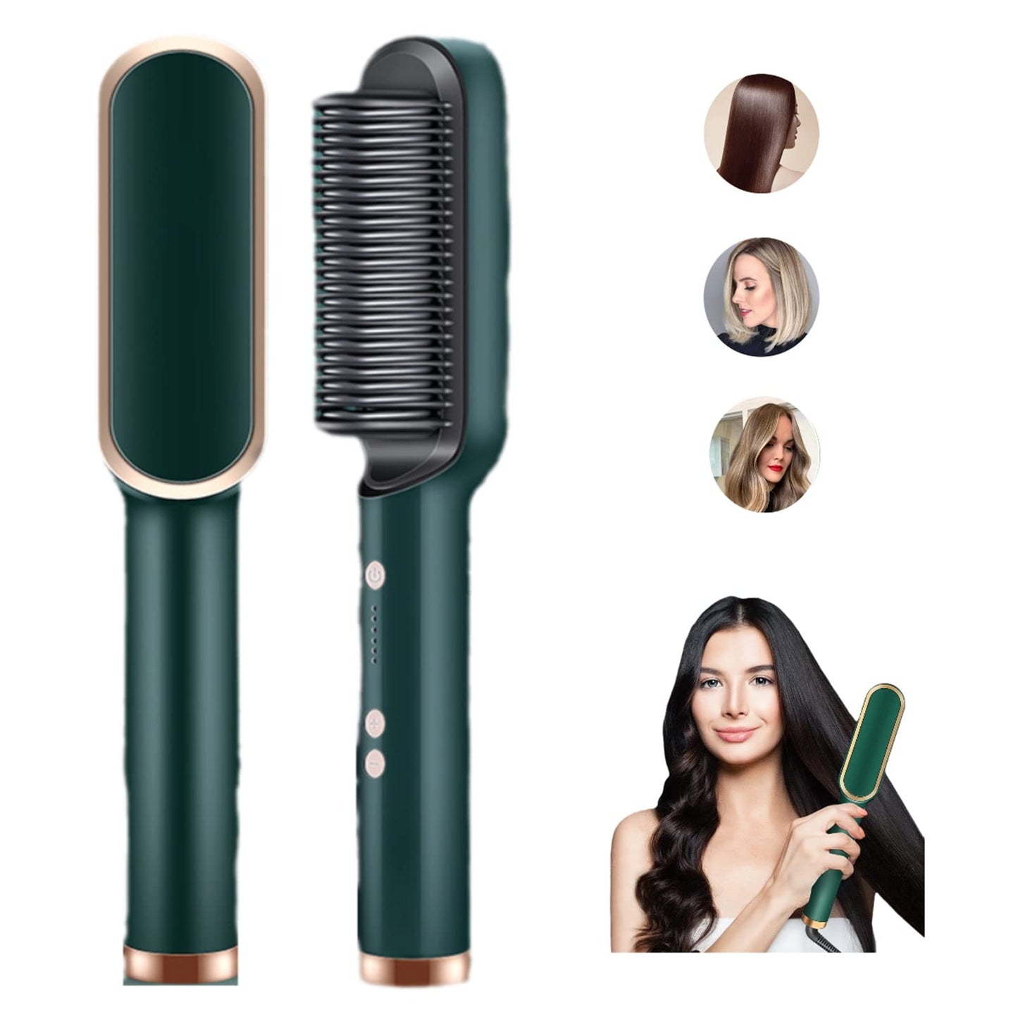 2-in-1 Ionic Heated Hair Straightener Curler Brush Portable Travel, Green