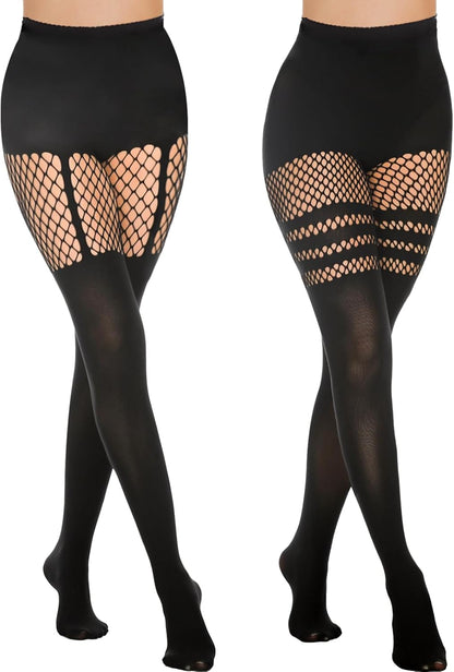 MANZI Faux Thigh High Mock Suspender Fishnet Tights 2-Pack