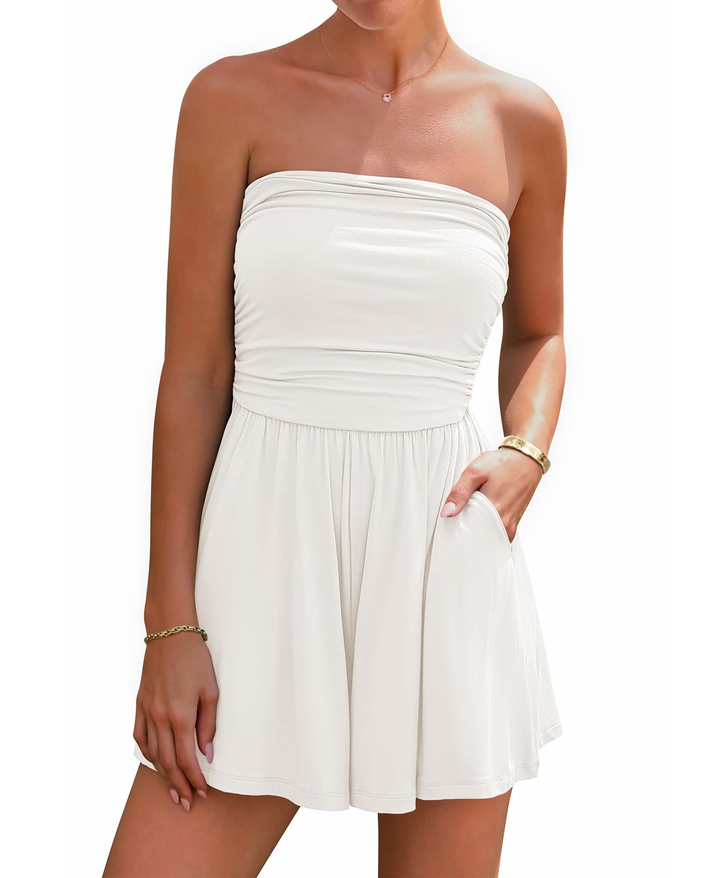 BTFBM Women's Strapless Boho Summer Romper with Pockets