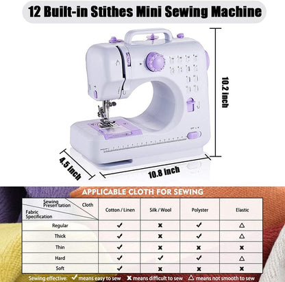 Rxmeili Portable 12-Stitch Sewing Machine, 42-Pc Sewing Kit for Beginners | Pink Mini Sewing Machine, 12 Stitches, 2 Speeds, Foot Pedal, Battery or Plug-In Power, Sewing Light and Storage Drawer
