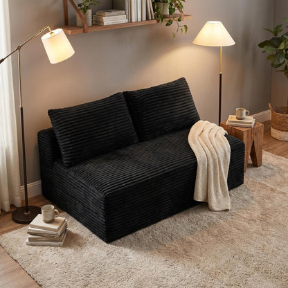Camel Corduroy Ground-Hugging Compressed Loveseat, Armless No-Legs 2-Seater Sofa for Living Room Small Apartment