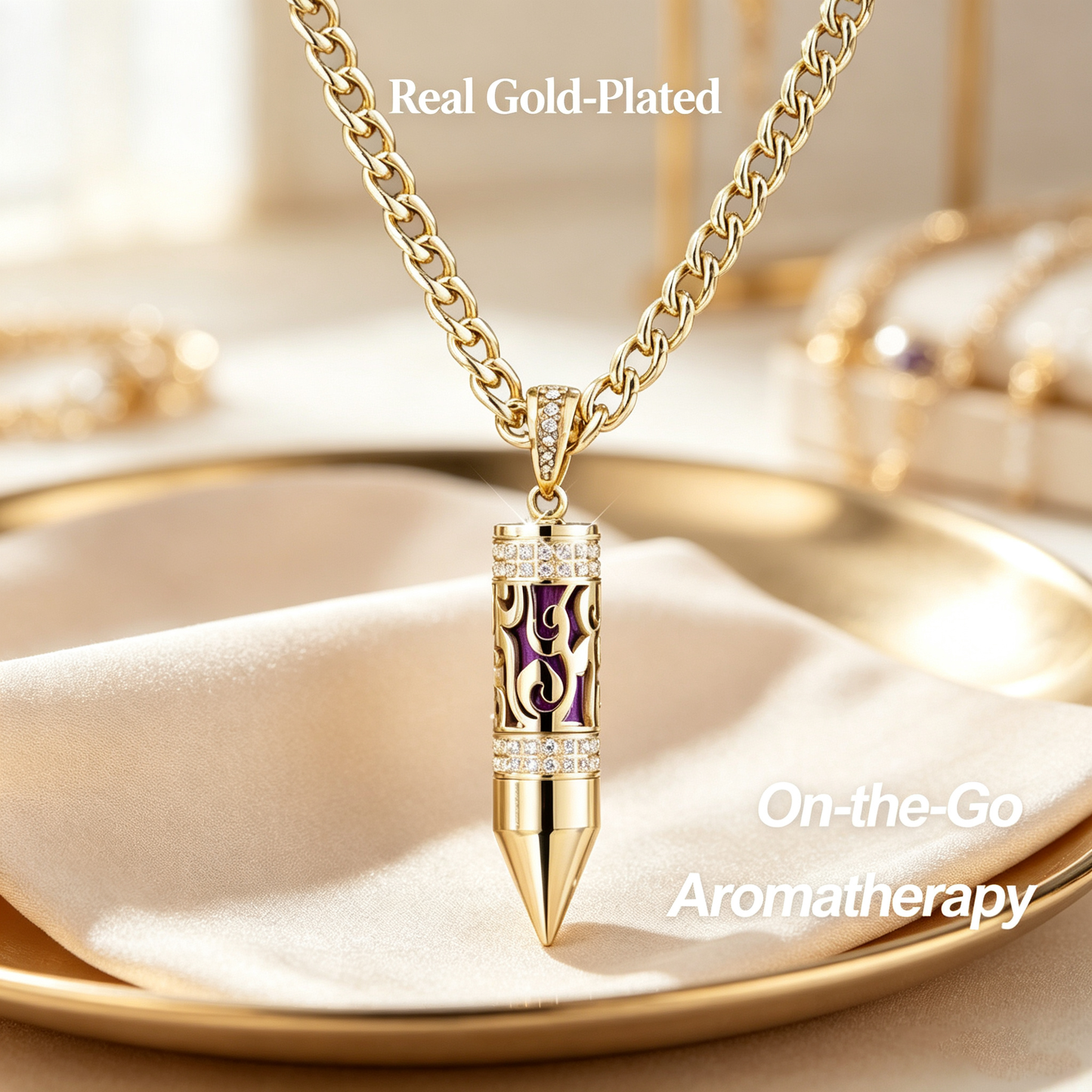 Gold Plated Bullet Aroma Necklace, CZ Pendant Jewelry