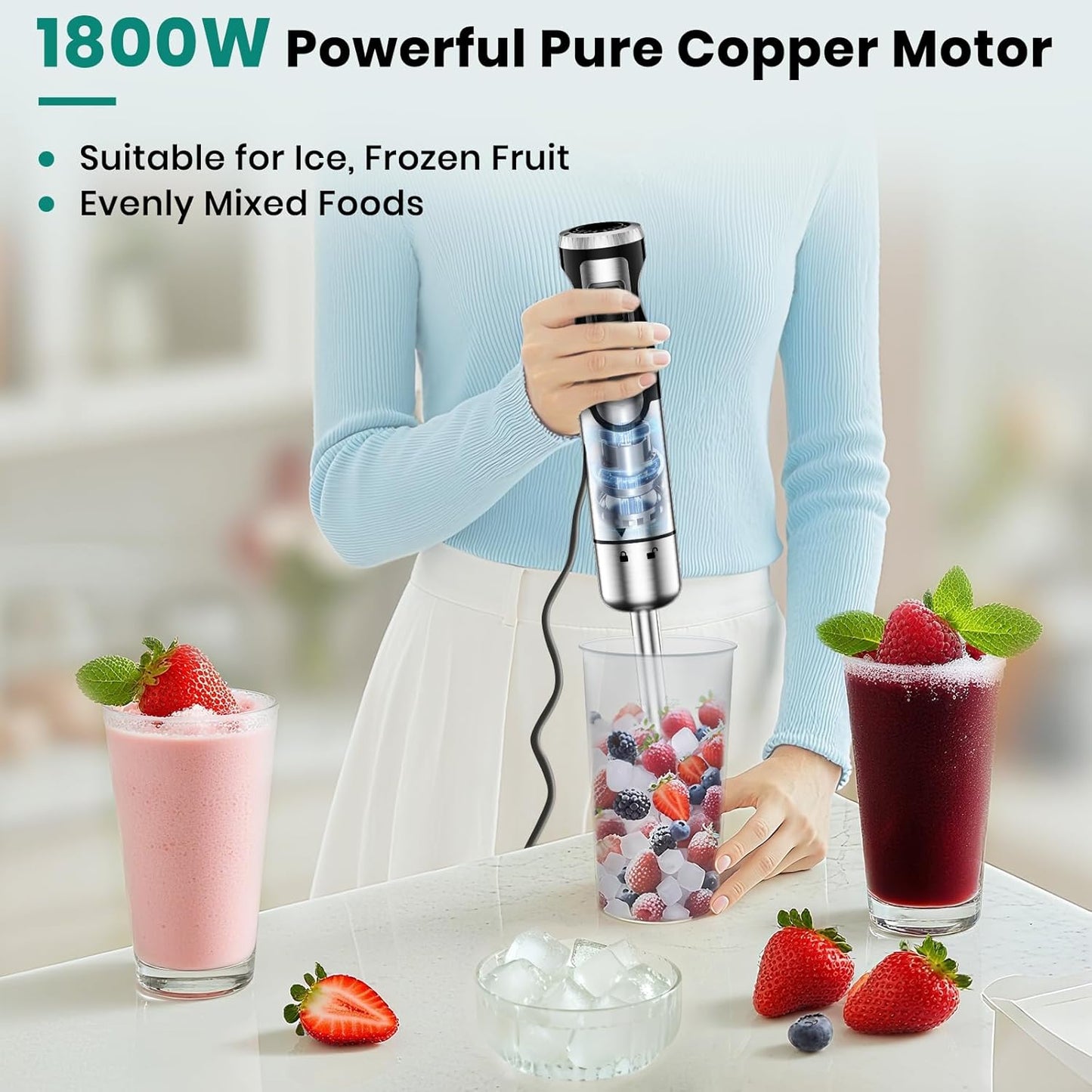 Colarlemo 1800W 4-in-1 Hand Blender, Ice Crush, Turbo, Whisk
