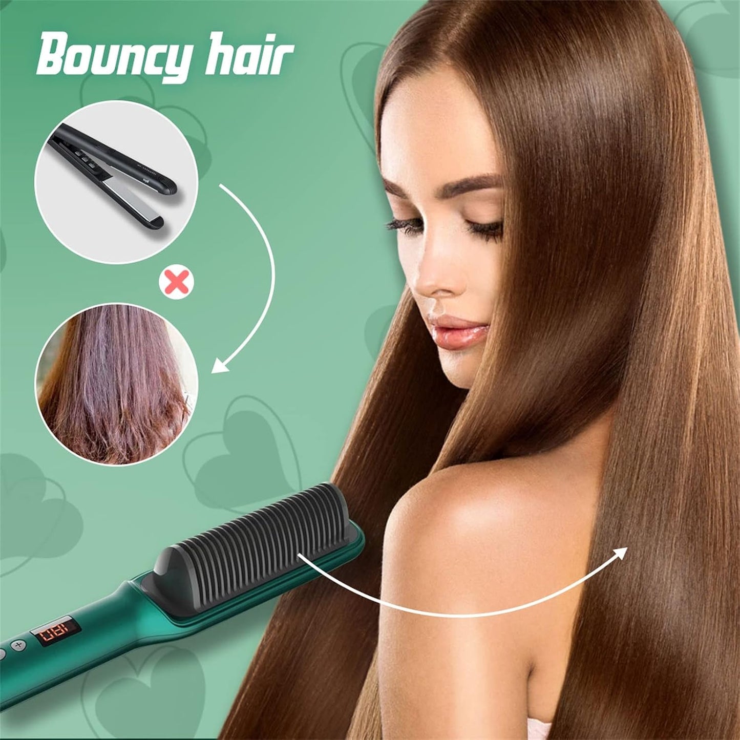 2-in-1 Ionic Heated Hair Straightener Curler Brush Portable Travel, Green