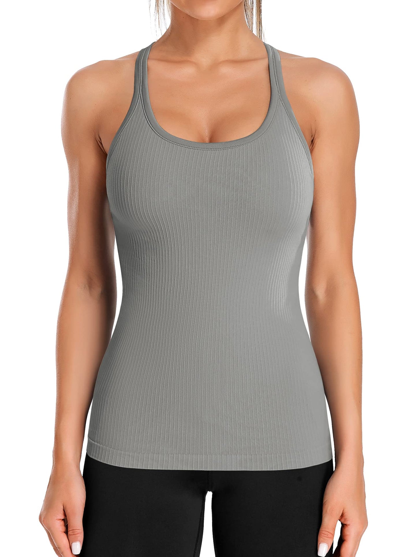 ATTRACO Women's Ribbed Racerback Workout Tank with Built-In Bra