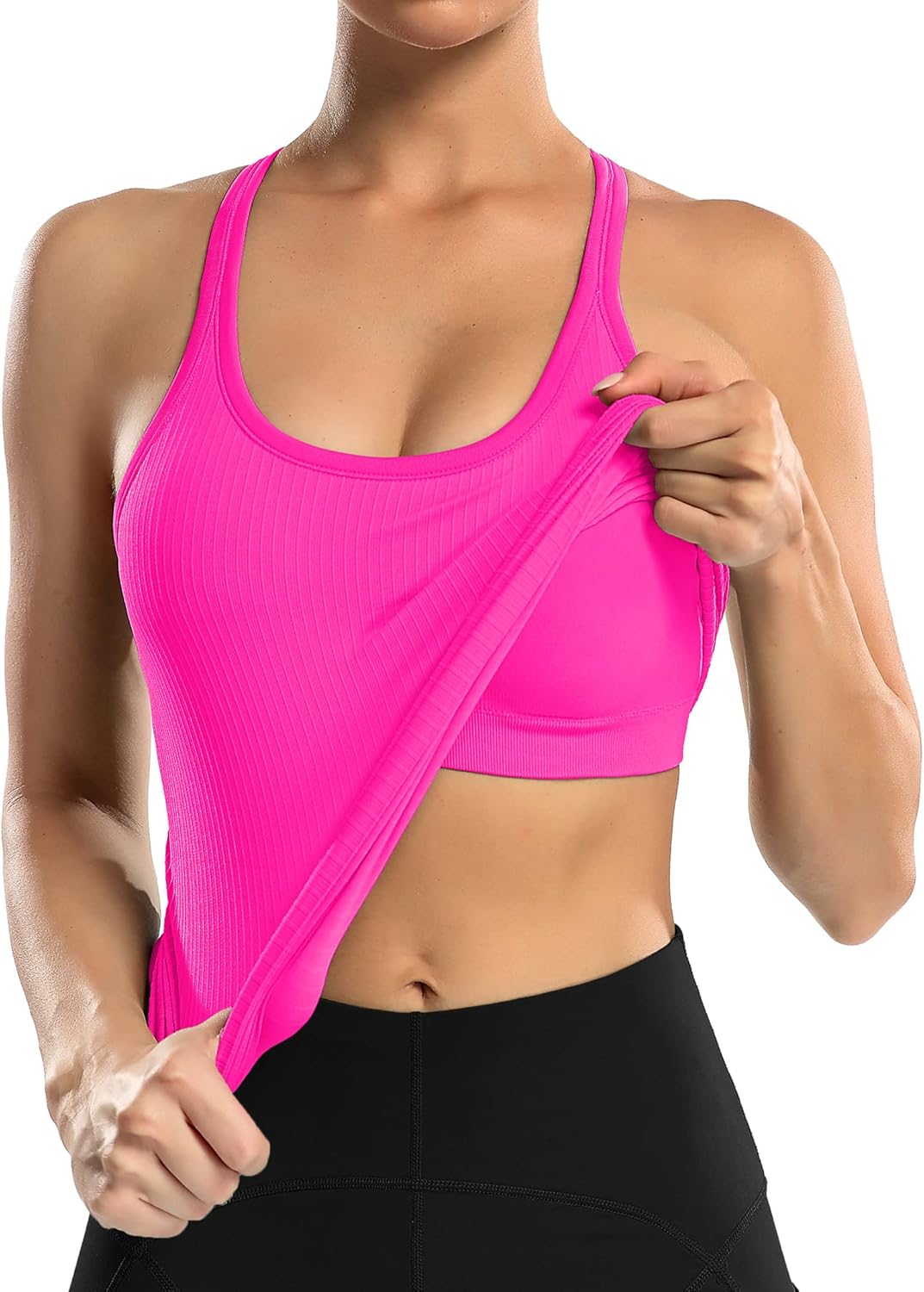 ATTRACO Women's Ribbed Racerback Workout Tank with Built-In Bra