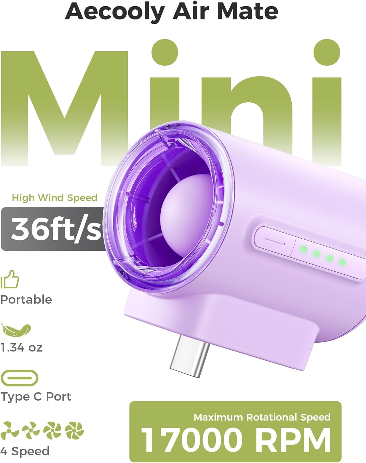Portable USB C Phone Cooling Fan 17000RPM 4 Speed Mini Fan for iPhone Tablet