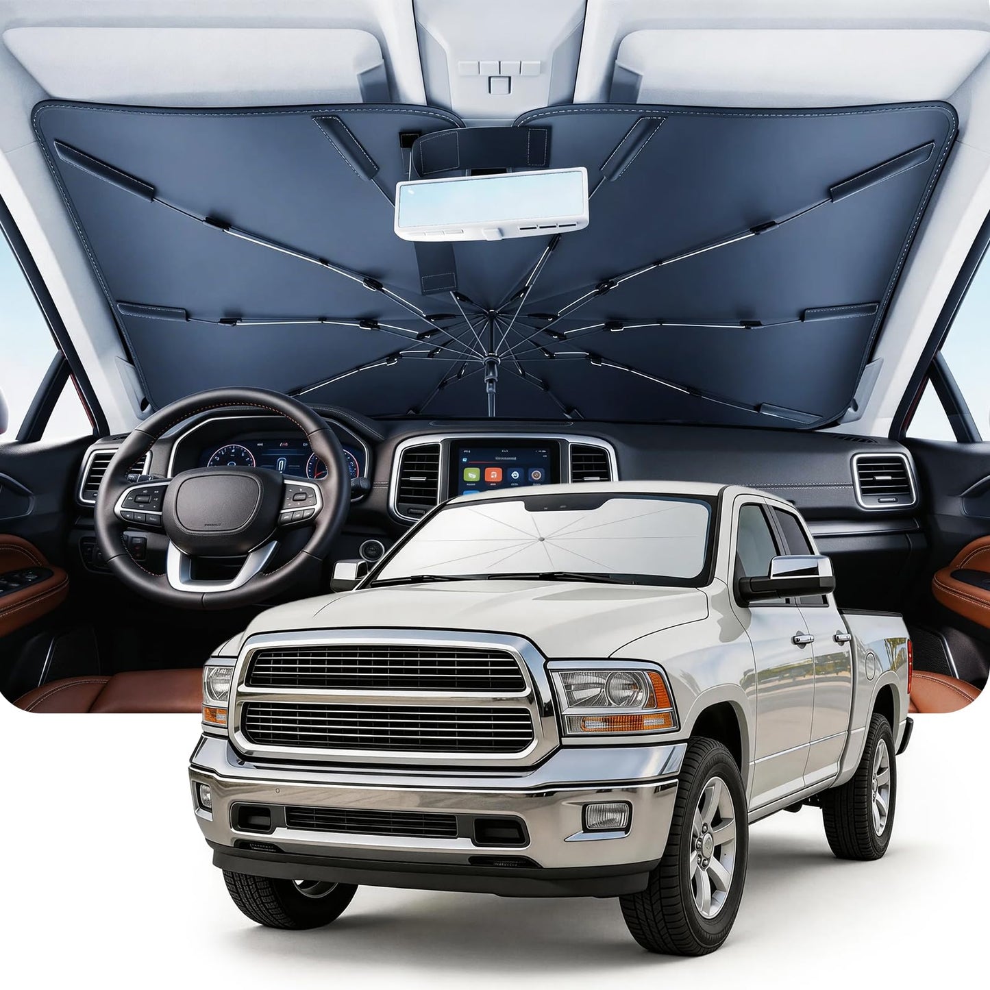 Umbrella Windshield Sun Shade for Chevy Silverado (2011-2026), Car Sunshade for Front Windshield [Nano Ice-Crystal Coatings] UPF50+ Heat & UV Block, Protect Interior & Keep Cooler