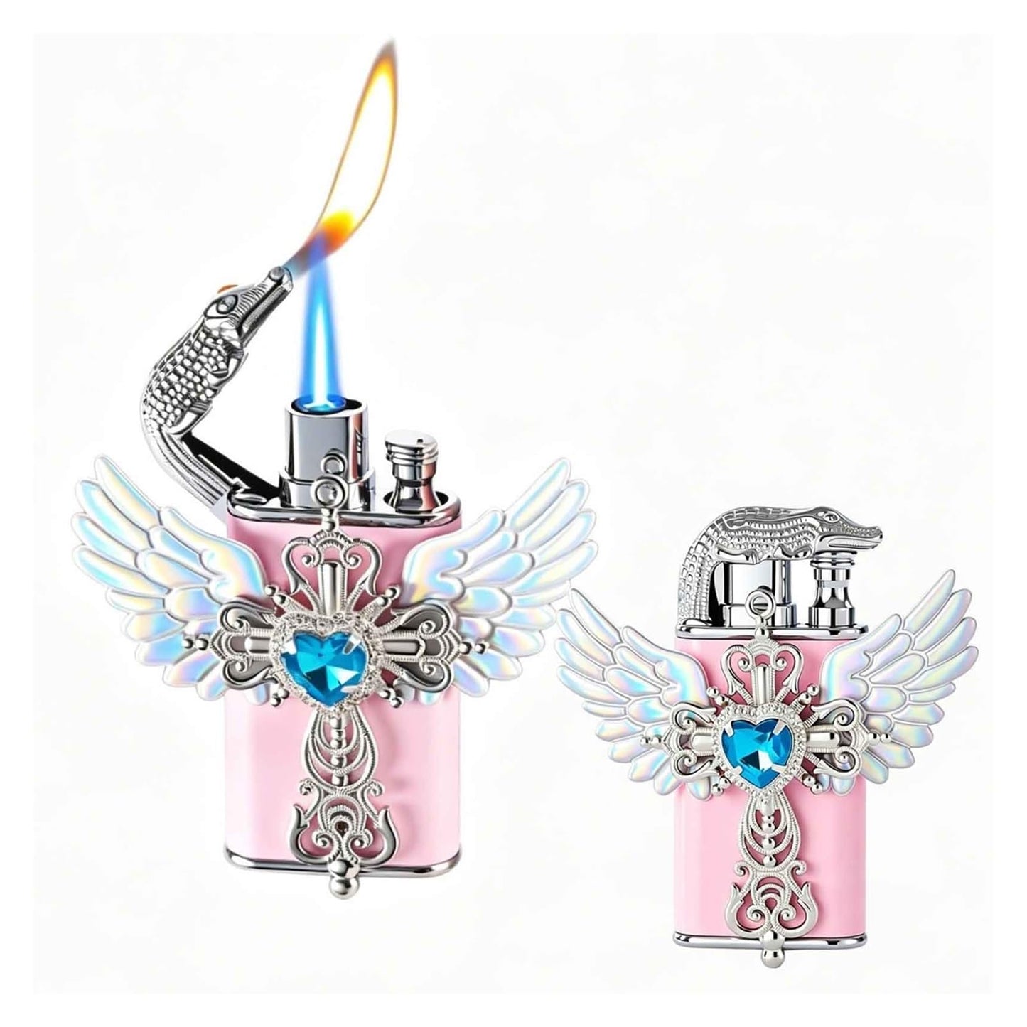 Embossed Metal Double Flame Windproof Butane Lighter for Men, White