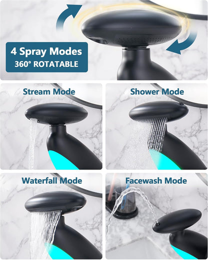 LED Waterfall Bathroom Faucet with Pull-Out Sprayer & 360° Rotation