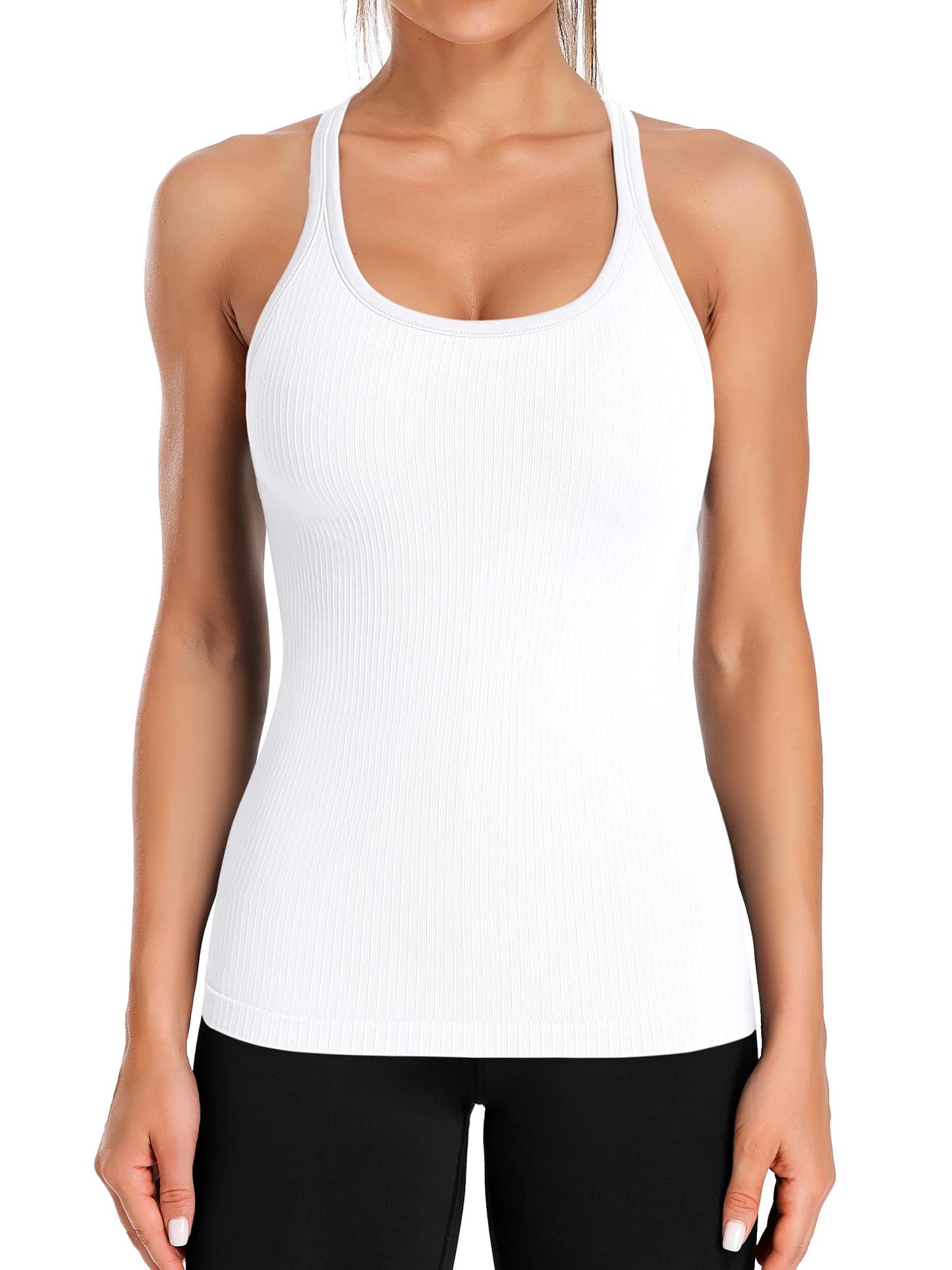ATTRACO Women's Ribbed Racerback Workout Tank with Built-In Bra