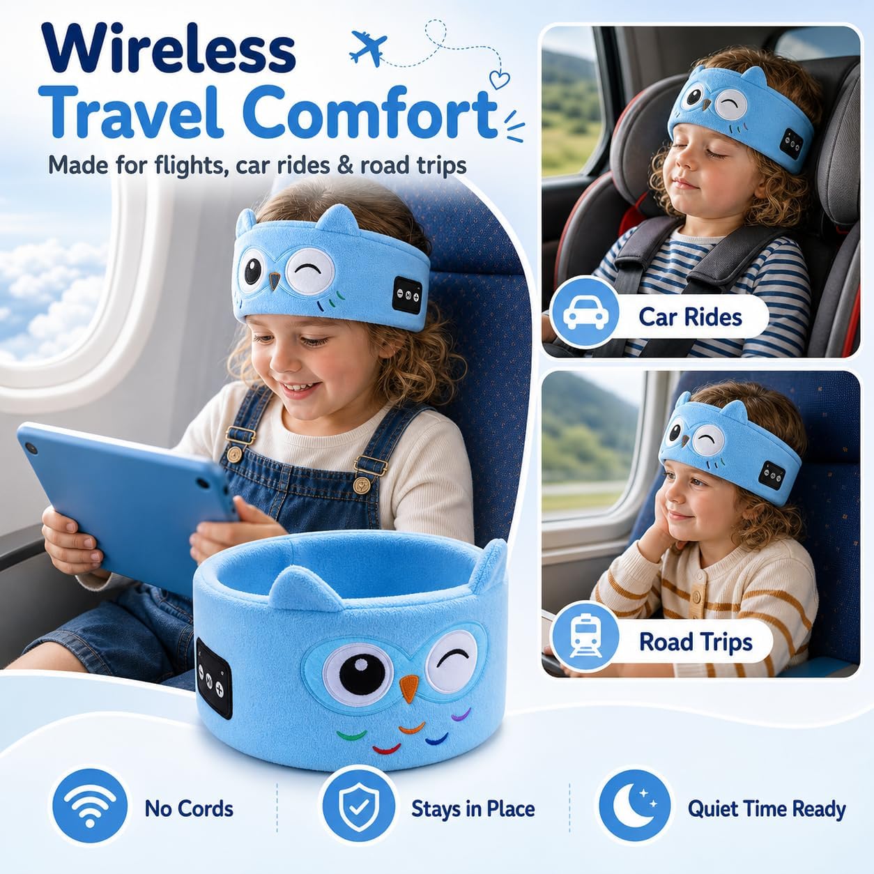 Kids Wireless Headphones with Soft Fleece Headband & Owl Design
