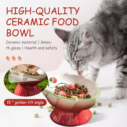 Ceramic Strawberry Raised Cat Bowl for Anti-Vomit & Whisker Relief