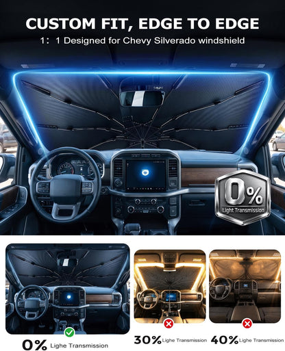 Umbrella Windshield Sun Shade for Chevy Silverado (2011-2026), Car Sunshade for Front Windshield [Nano Ice-Crystal Coatings] UPF50+ Heat & UV Block, Protect Interior & Keep Cooler