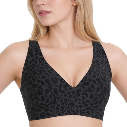 Women's Seamless Leopard Print Push-Up Bra Wireless Deep V Support